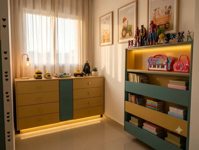 Cômoda infantil planejada + estante de brinquedos
