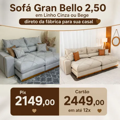 Sofá Gran bello 2,50 Molas ensacadas em linho bege ou cinza Promoção