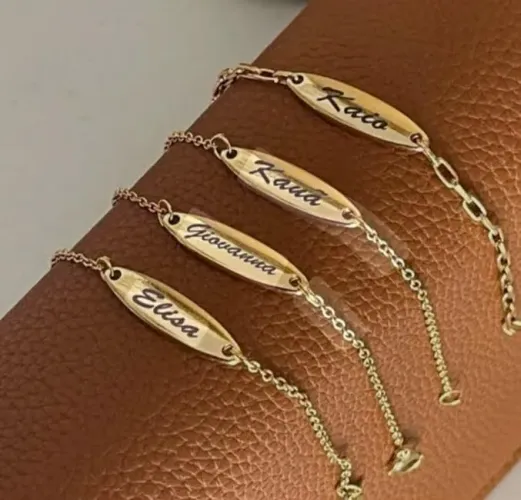 Pulseira Infantil Bebê Com Nome Gravado + Pingente Figa Proteção Banhado Personalizada