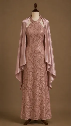 Vestido Rosé em Renda com Echarpe