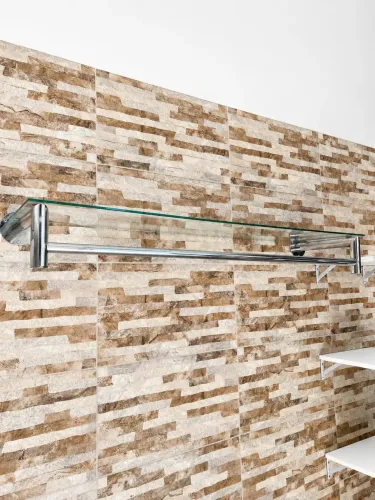 CONJUNTO COM 2 ARARAS DE PAREDE EM AÇO INOX COM PRATELEIRA DE VIDRO