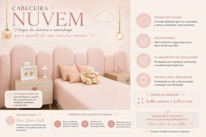 Cabeceira Nuvem Acolchada para quarto infantil menina