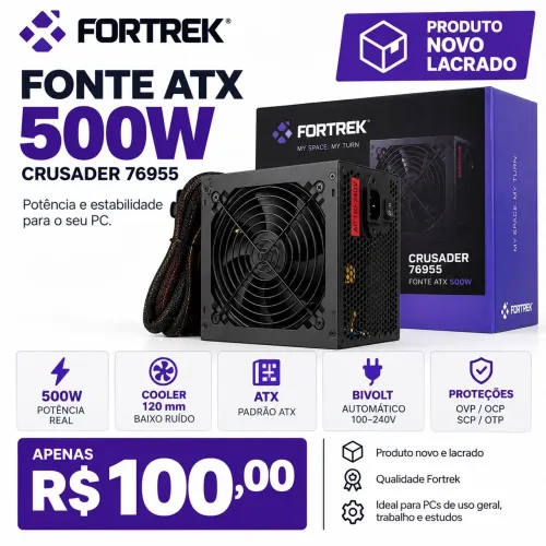 Fonte ATX Fortrek Crusader 500W - NOVA E LACRADA - R$ 100,00 <br>