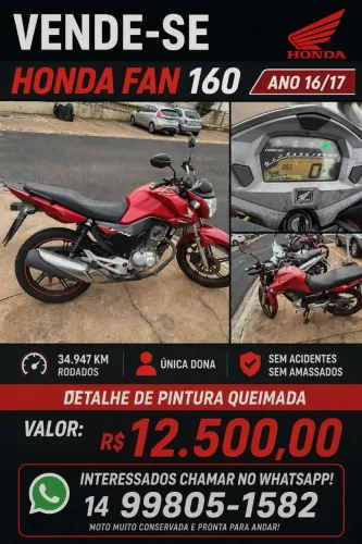 Moto Honda Fan 160 vermelha , modelo 16/17, valor 12500,00