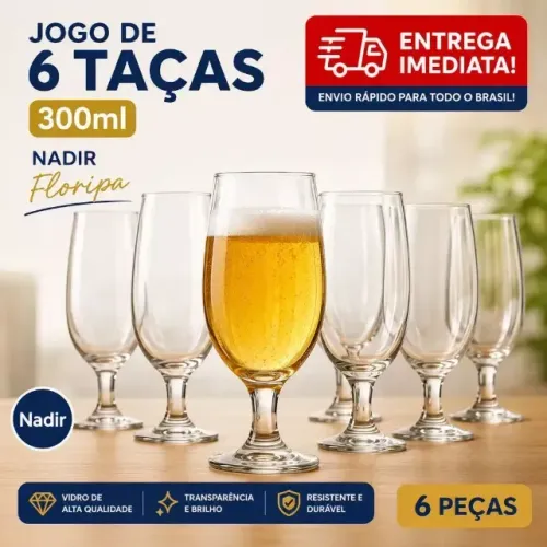 Jogo 6 Taças Nadir Floripa 300ml Vidro Cerveja Água Refri