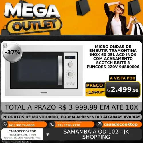 MICRO ONDAS DE EMBUTIR TRAMONTINA INOX 60 25L ACO INOX COM ACABAMENTO SCOTCH BRITE 8 FUNCO
