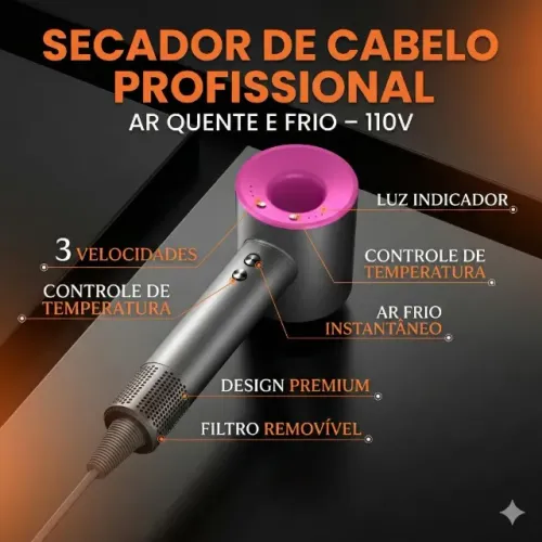 Secador De Cabelo Profissional CFT-12337 110V Ar Quente e Frio 1600W 3 Níveis de Temper.