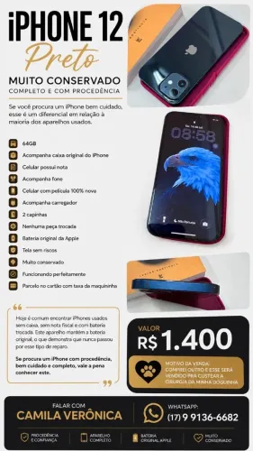 iPhone 12 preto muito conservado e de procedência