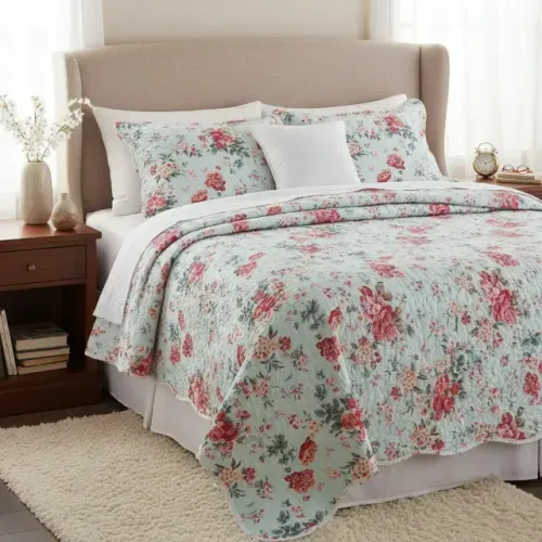 Colcha Bouti Solteiro Dupla Face Estampa 7 Lepper Azul-celeste Florido