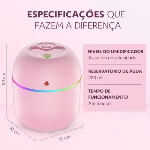 Mini Umidificador de Ar 220ml USB com Luz LED Colorida