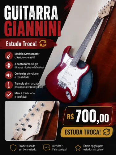 Guitarra Elétrica Giannini Stratocaster Cordas Novas Blindada - Estuda Troca
