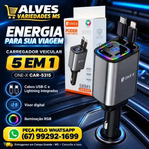 CARREGADOR VEICULAR TURBO 5 EM 1 COM LED RGB