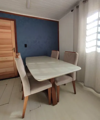 MESA JANTAR, TAMPO DE VIDRO LAQUEADO, RETANGULAR COM 6 CADEIRA