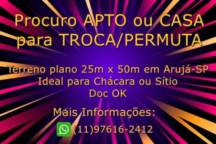 Oportunidade - Aceita Permuta Terreno, Copaco em Arujá por Apto ou Casa