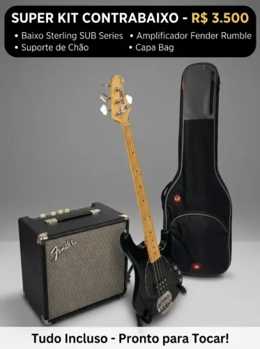 Kit Contrabaixo Sterling Ray 4 + Amplificador Fender R25 + Capa, Suporte e Correia