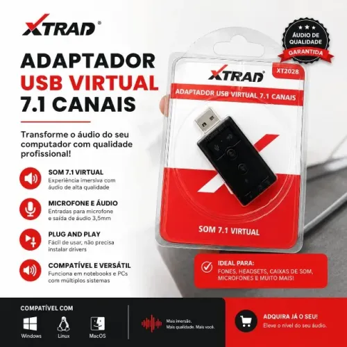 Adaptador Placa De Som Virtual 7.1 Usb Xt2028 Strad