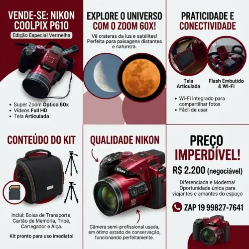 Câmera ASTRONOMICA Nikon Coolpix P610 Compacta Vermelha Zoom 60x (Usado)