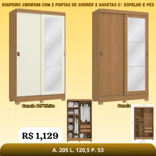 Guarda Roupa 2 portas de correr com 2 gavetas