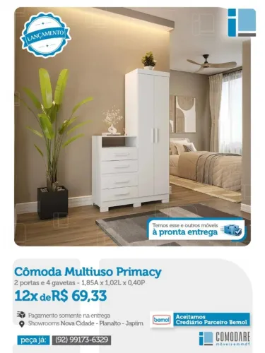 Cômoda Multiuso Primacy 2 Portas e 4 Gavetas | Organizador para Quarto | Pronta Entrega