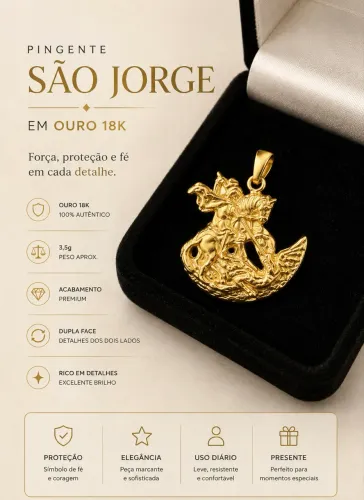 Pingente Ouro 18K São Jorge Rico em Detalhes