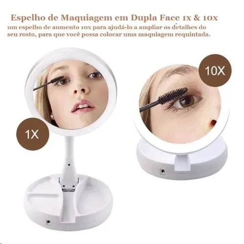 Espelho Para Maquiagem Dobrável, Iluminação e Ampliação de Imagem