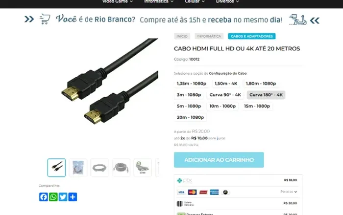 Cabo HDMi Full HD 4K de 1,5m à 20 Metros! Até 8x Sem Juros