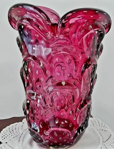 Vaso Murano Italiano Cor Cereja Anos 50
