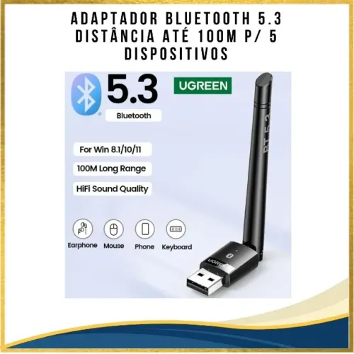  Adaptador Ugreen com antena - V5.3 - 100mts de alcance, Requisito é W10 ou 11