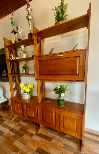 Estante grande, em madeira maciça, tipo cerejeira, com portas e prateleiras.