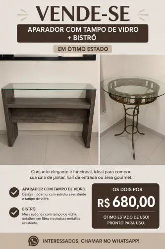 Aparador + bistro com tampa de vidro