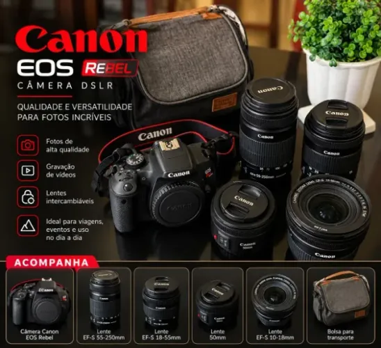 CÂMERA CANON EOS REBEL T7i + 4 LENTES CANON + BOLSA