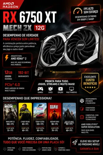 RX 6750 XT MSI MECH 2X 12GB GDDR6 | Roda Tudo em 1080p/1440p | Excelente Estado