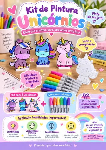 Kit Pintura Unicórnios Infantil com 3 Modelos e Canetinhas Coloridas