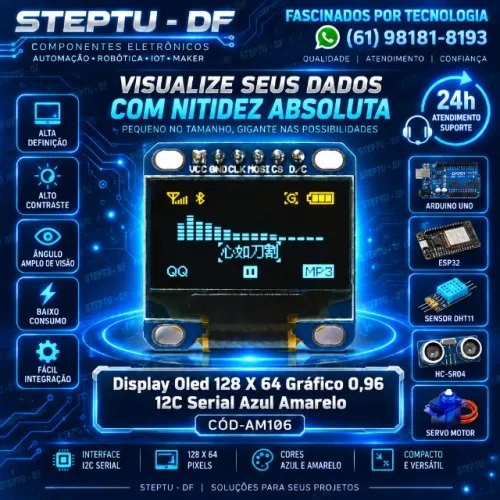Display Oled 128 X 64 Gráfico 0,96 12C Serial Azul Amarelo Arduino Automação COD-AM106  