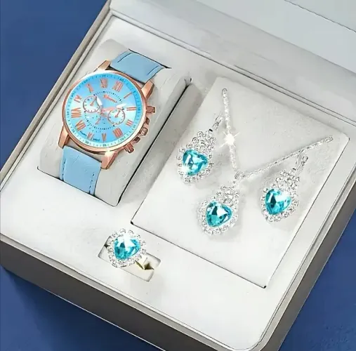 Kit Relógio Premium Quartzo Luxo Fashion Moda + Joias Colar de Coração Brincos e Anel