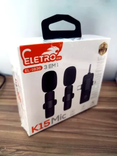 Microfone sem fio EletroMex K15 Mic 3 em 1 ? 2 microfones