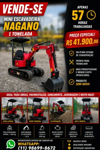 Mini escavadeira 1T 2026 com apenas 57h trabalhadas