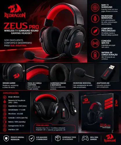 Headset Gamer Redragon Zeus Pro Wireless 7.1 - H510 Pro