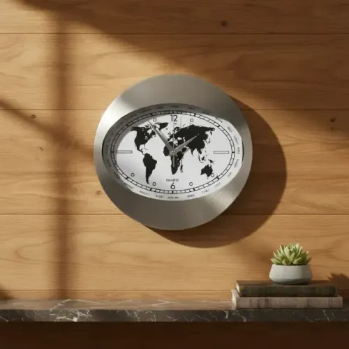 Relógio De Parede Quartz Mapa-múndi Prata Escovado
