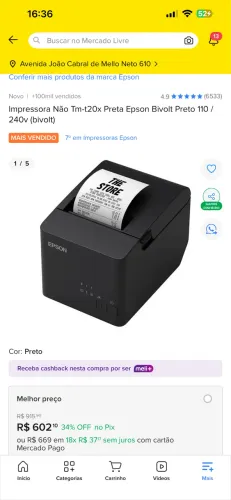 Impressora térmica nova. Epson TM-T20X Não Fiscal Bivolt USB