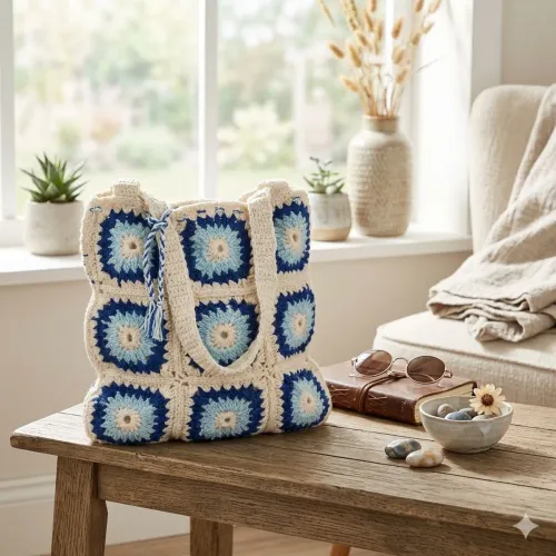 Bolsa Tote Bag de Crochê em Quadrados da Vovó - O Charme do Feito a Mão em Tons de Azul!