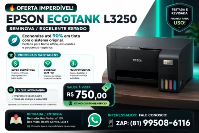 Impressora Epson EcoTank L3250 (Seminovas/Excelente Estado)