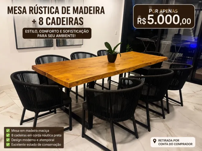 Mesa Rústica de Madeira Maciça + 8 Cadeiras