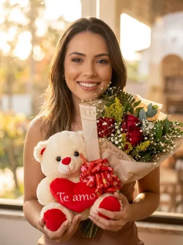 Buquê de Rosas Vermelhas com Ursinho de Pelúcia "Te amo"