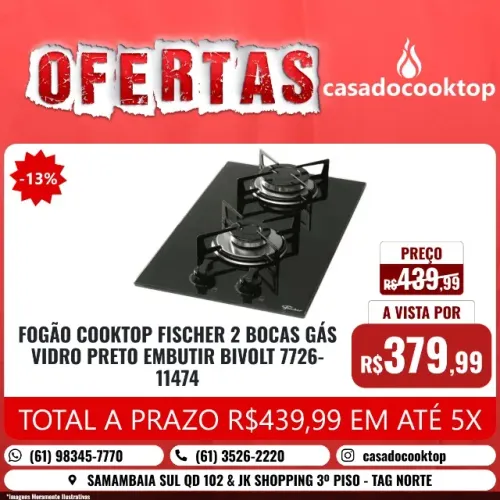 FOGÃO COOKTOP FISCHER 2 BOCAS GÁS VIDRO PRETO EMBUTIR BIVOLT *4