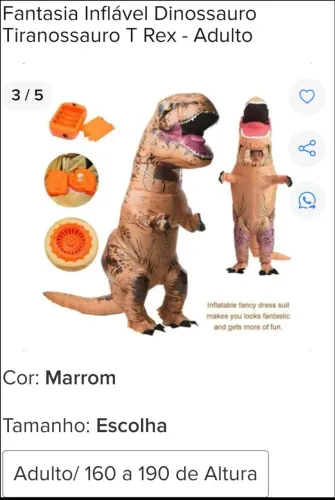 Fantasia dinossauro T Rex inflável