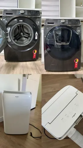 Máquina de lavar e um ar condicionado portátil.