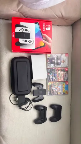 Nintendo Switch OLED Branco 64GB Completo + 3 Jogos + Caixa Original + Acessórios