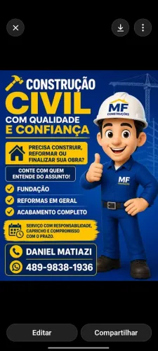 Construção civil, manutenção, elétrica, pintura,hidráulica e reformas em geral.