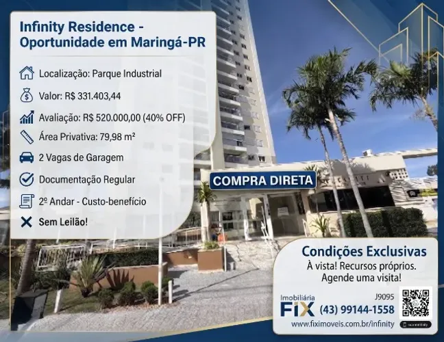 ? Maringá-PR: Apartamento 2º Andar, 80m² + 2 Vagas ? Parque Industrial ? R$ 331.403,44! S